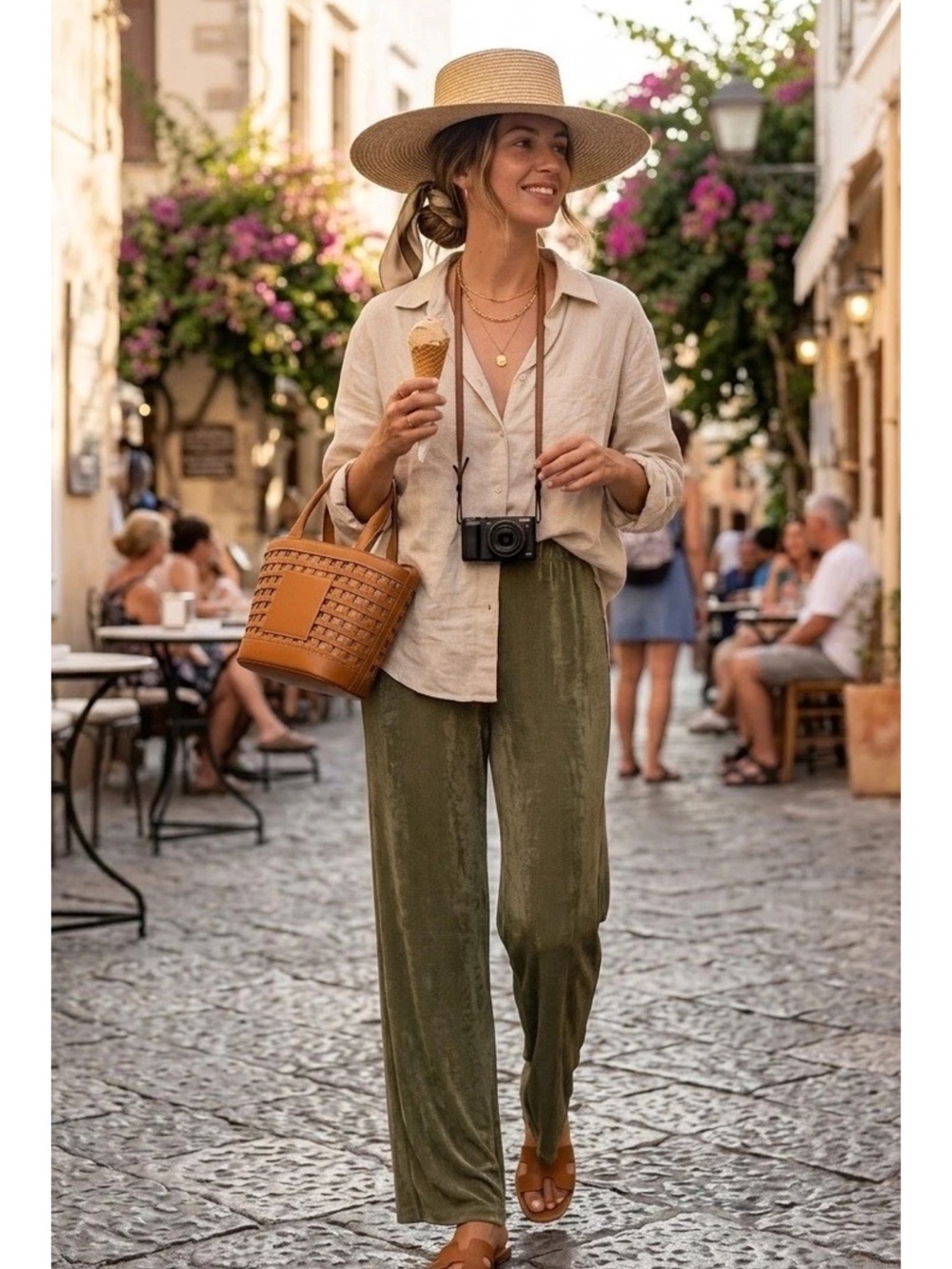 Linen-Blend Wide-Leg Pants in Olive – Casual Travel Trousers